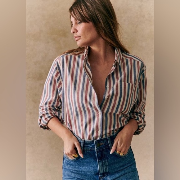 Sézane Max Shirt in Blue Ecru Burgundy Stripes FR 42 / US 10 - Picture 14 of 16